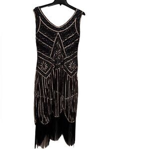 Babeyond Women’s Large Black & Gold Sleeveless Flapper Dress w Side Zipper
